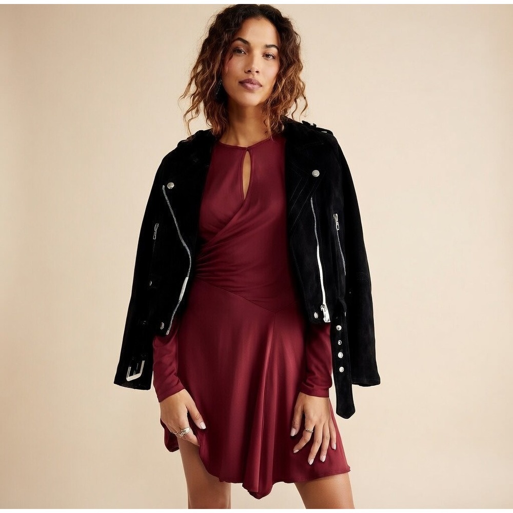 Free People Beach Vance Wrap Mini Dress Wine Burgundy Long Sleeve Keyhole Large